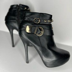 Black Leather Heeled Booties w/ Gold spikes